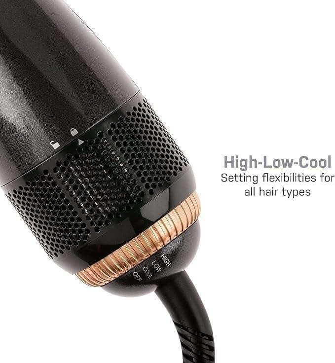 Hair Dryer Brush 3 heat settings high low cool closeup