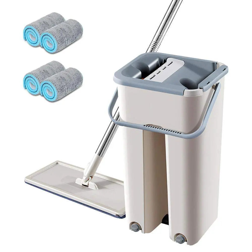 Hand free flat mop with ergonomic bucket and microfiber mop heads.