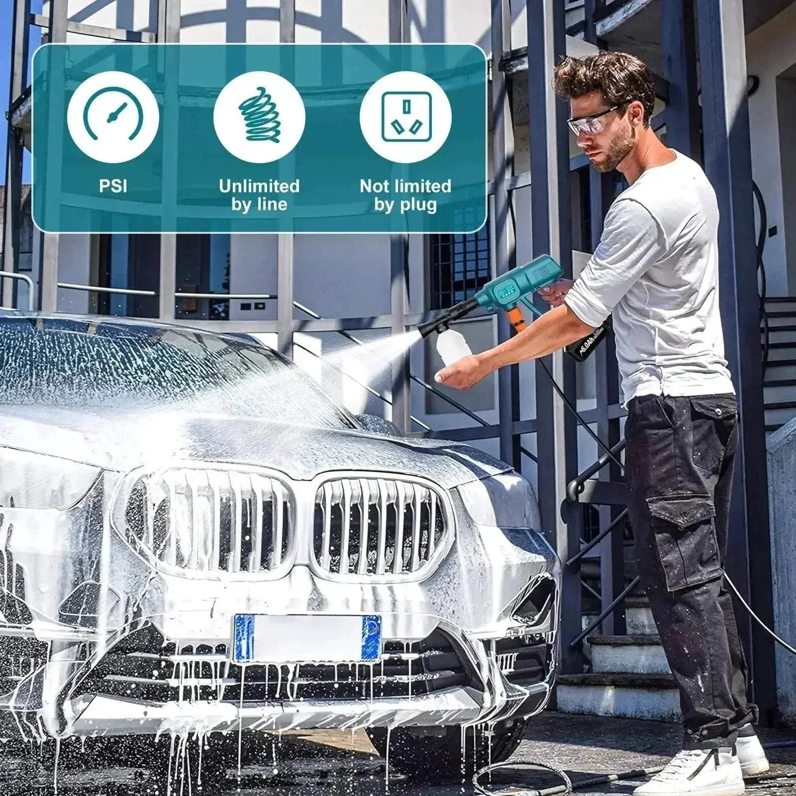 High-pressure electric spray gun washing a car with foam, showcasing its cordless functionality.