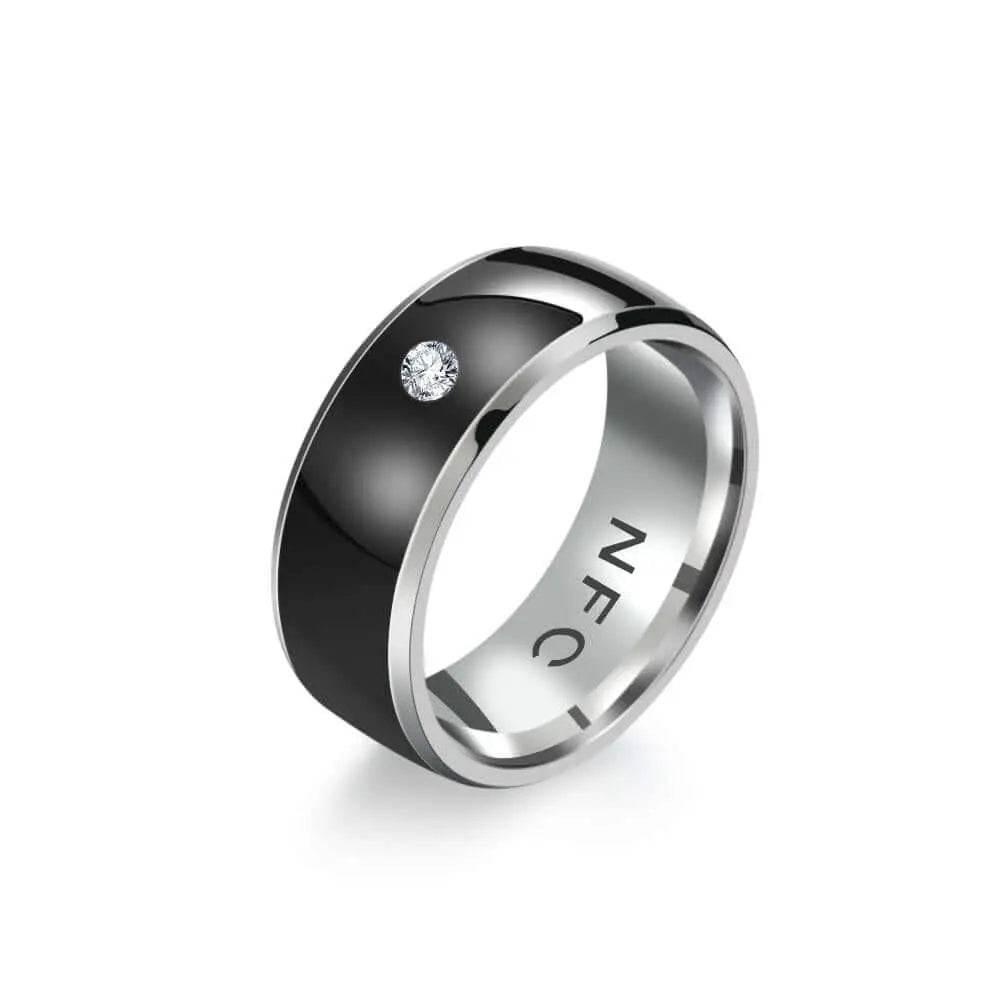 Intelligent multi-functional NFC smart ring with embedded chip, titanium steel design, and high-level water resistance.