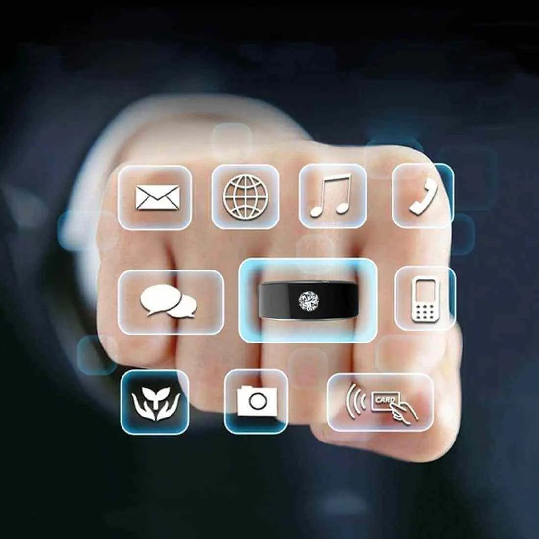 Intelligent multi-functional NFC smart ring on finger with digital icons in futuristic interface.