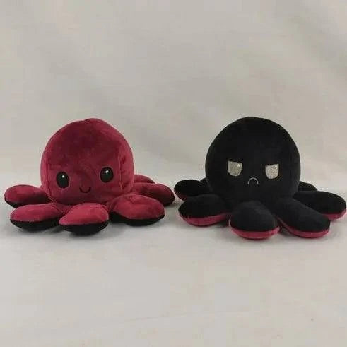 Double sided flip octopus plush toy with happy and angry faces, soft and cuddly stuffed animal for kids.