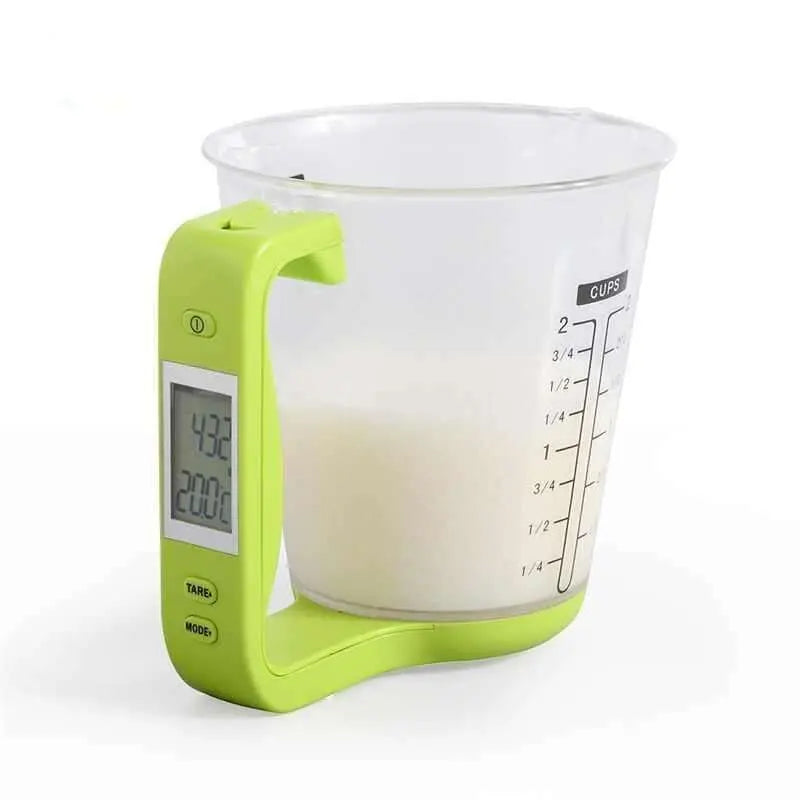 LCD Display Digital Measuring Cup with built-in scale and temperature reading.