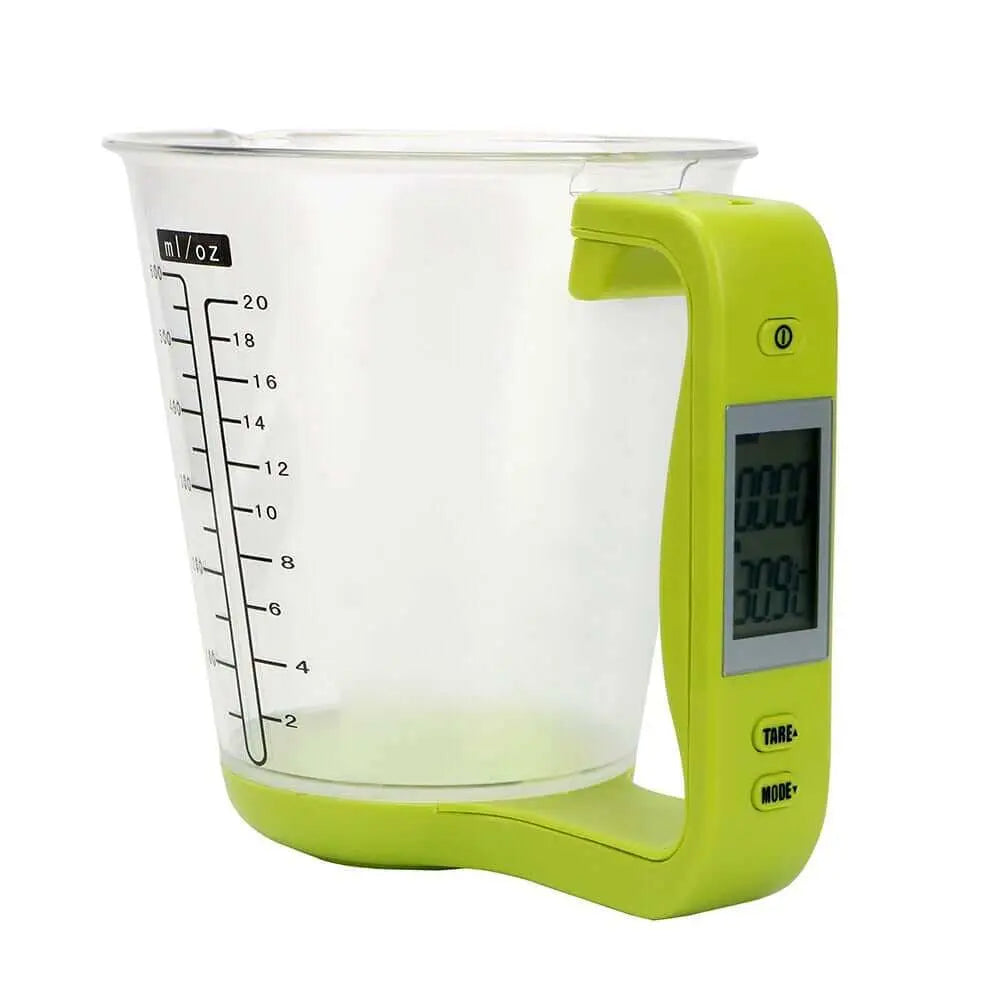 LCD Display Digital Measuring Cup with built-in scale and temperature reading.