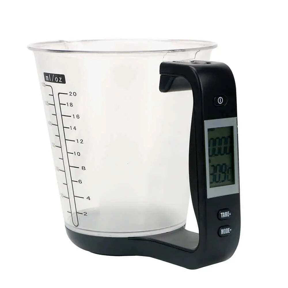 LCD display digital measuring cup with built-in scale and temperature reader.