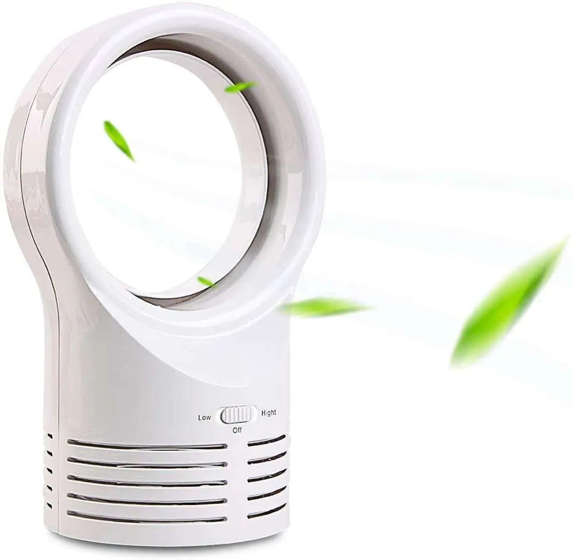 Mini Portable Desktop Bladeless Fan with USB charging and modern design.