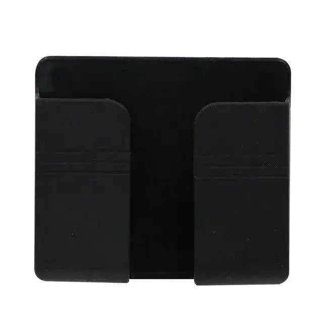 Black wall-mounted mobile phone holder for secure device storage.