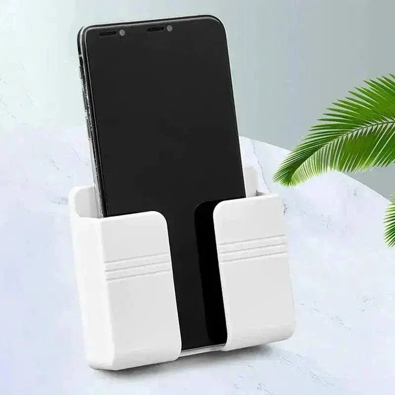 Wall-mounted white mobile phone holder for convenient storage and easy access.