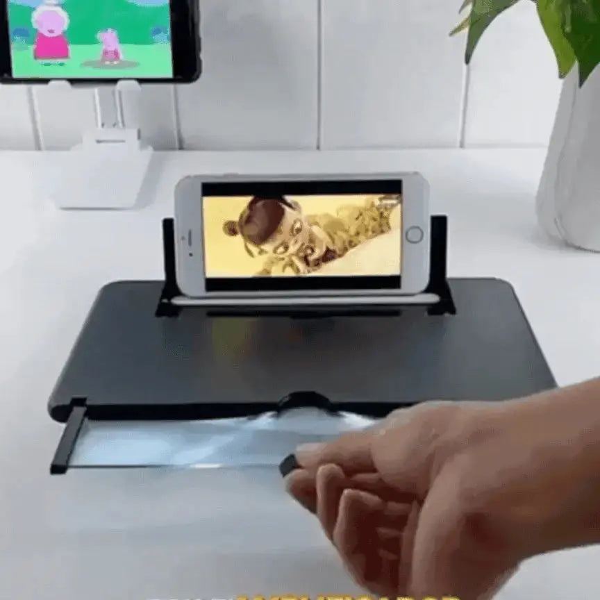 Mobile Screen Amplifier displaying a magnified phone screen on a stand, enhancing viewing experience.