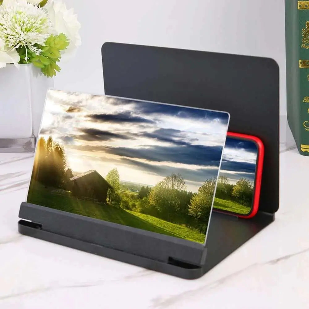 Mobile screen amplifier with 3D display, enhances phone viewing experience.