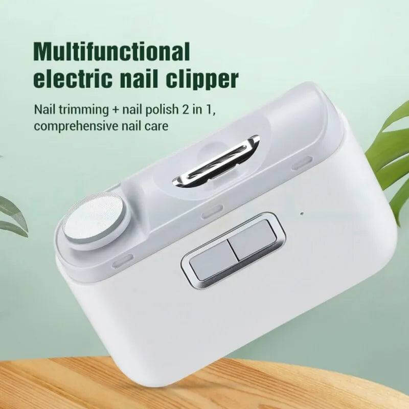 Compact white electric nail cutter 2-in-1 with USB-C charging and built-in LED for precise trimming and polishing