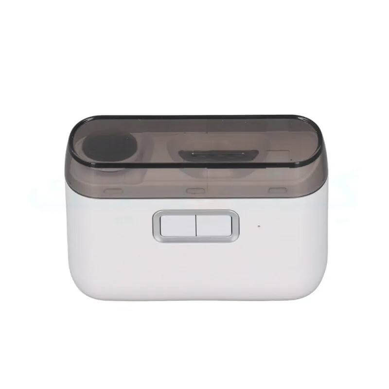 Compact electric nail cutter with USB-C charging, built-in LED, and dual trim and file functions in a portable white case.