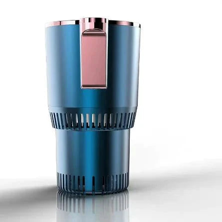 2-in-1 smart car cup warmer/cooler with digital display in blue.