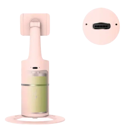 Face Tracking Rotation Phone Gimbal in pink color displaying 360-degree rotational base and USB port.