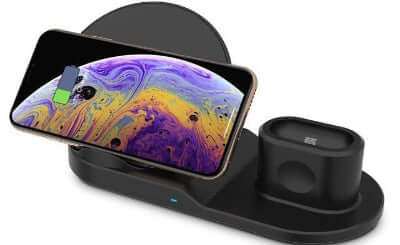 3 in 1 wireless charging dock station for iPhone, AirPods, and Apple Watch.