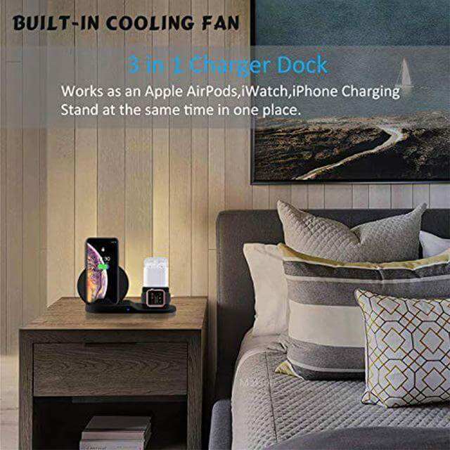 3 in 1 wireless charging dock for iPhone, Apple Watch, and AirPods, in a modern bedroom setting.