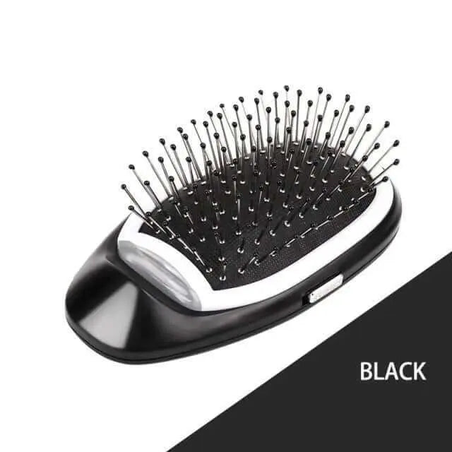 Black portable electric ionic styling hairbrush for frizz-free hair.
