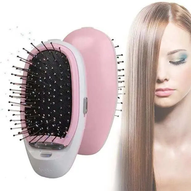 Portable electric ionic styling hairbrush for frizz-free, smooth hair transformation.