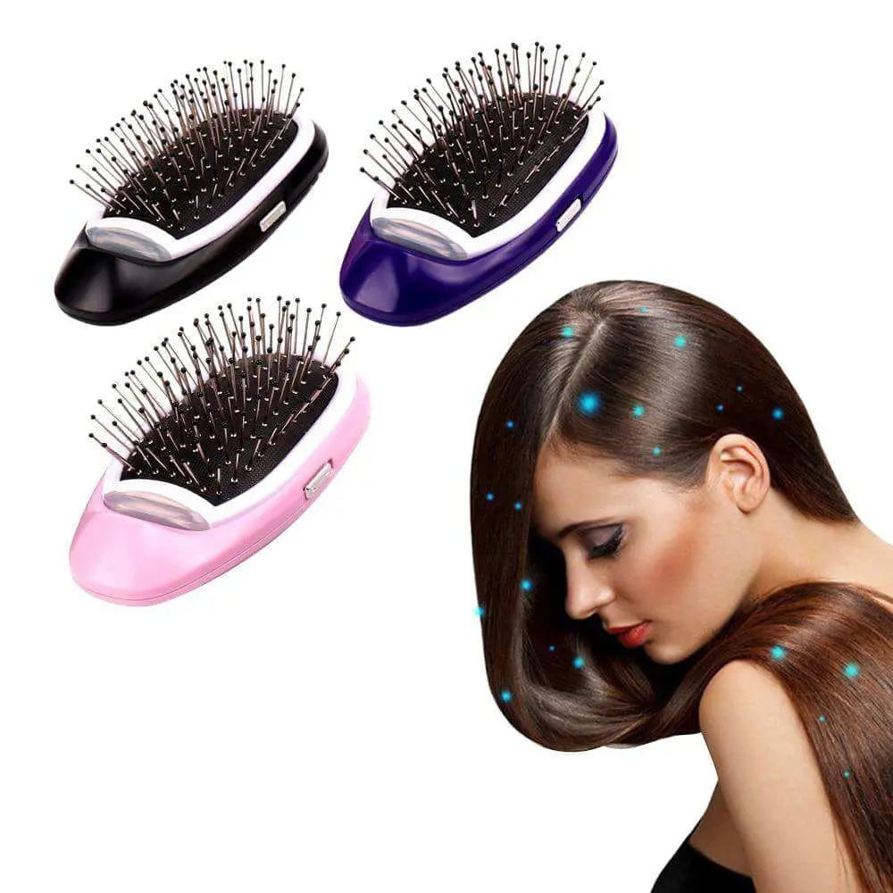 Portable electric ionic styling hairbrush in pink, black, and purple with a model demonstrating its use.