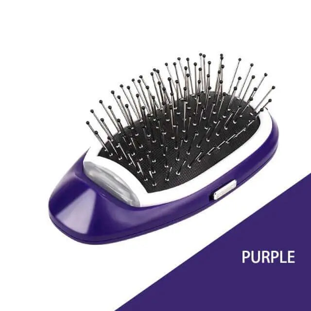 Portable Electric Ionic Styling Hairbrush in purple with metal bristles, designed to reduce frizz and improve hair health.