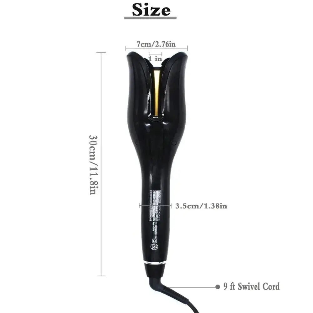 PowerCurl® Automatic Rotating Curling Iron dimensions: 30cm height, 7cm width, 9ft swivel cord for easy styling.