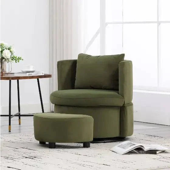 Upholstered bucket-shaped dining chair with ottoman in olive fabric, featuring 360-degree swivel and storage base.