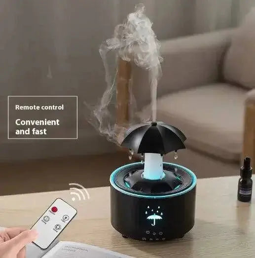 Rotating Aroma Humidifier with remote control and soothing mist release on a tabletop.