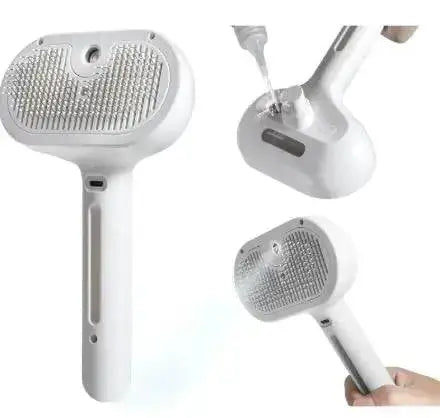 Steamy Brush Pet Spray in White, featuring spray nozzle and grooming bristles for easy pet care and reduced shedding.