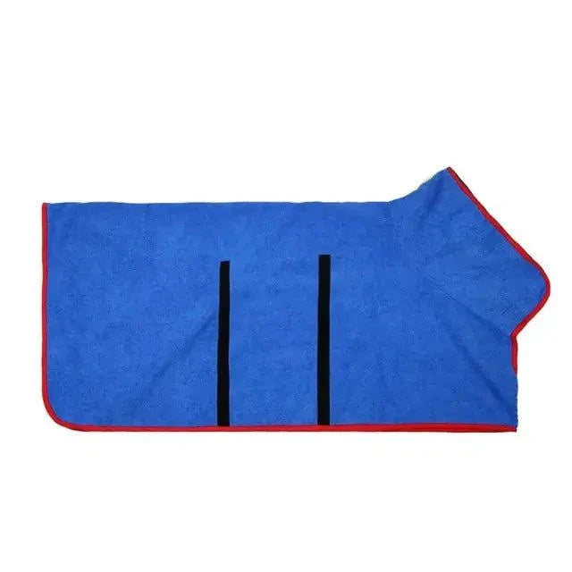 Blue Super Absorbent Pet Bathrobe Towel with red trim and Velcro closure for pets.