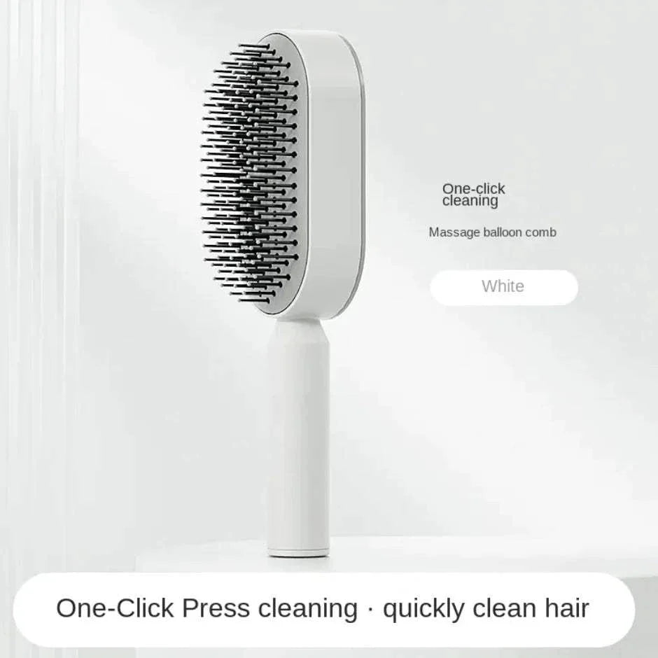 Women's 3D Hair Growth Self-Cleaning Brush with One-Click Press feature, white ergonomic design, promotes scalp health.