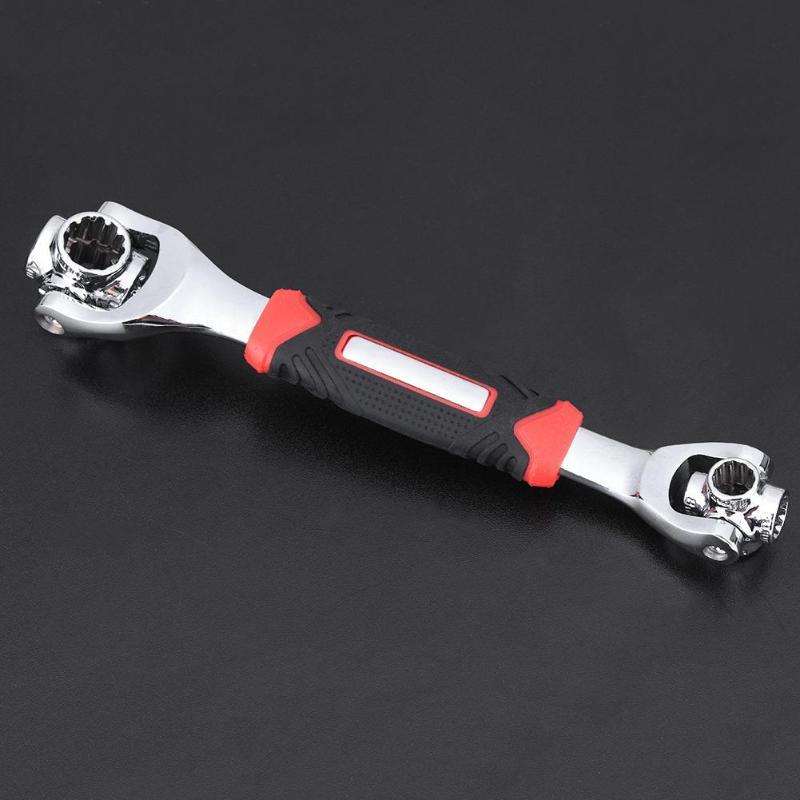 48 in 1 universal socket wrench with black and red handle on black background.