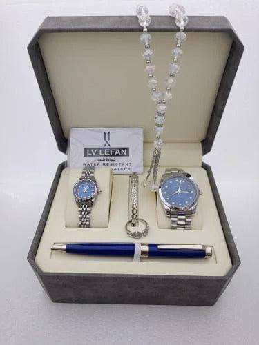 Watches of Men gift set with stainless steel watches, crystal rosary, polished pen, and cufflinks in premium box