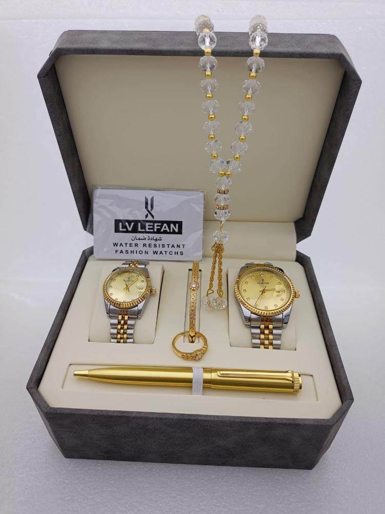 Watches of Men Luxury men's gift set with two-tone watches, crystal rosary, gold pen, and cufflinks in premium box