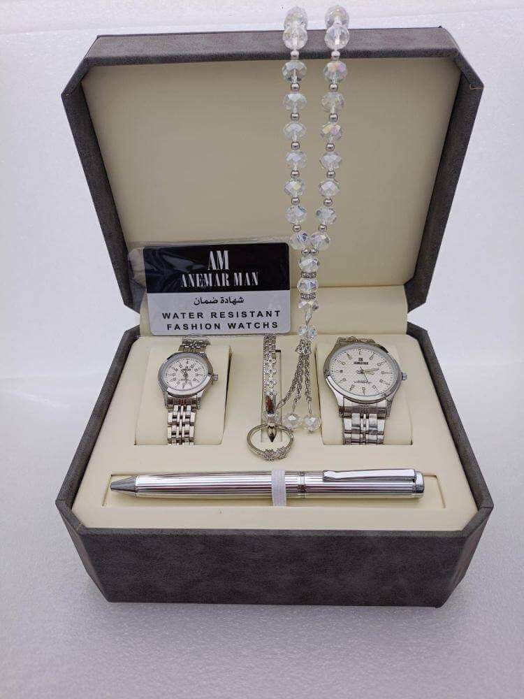 Watches of Men gift set with stainless steel watches, crystal rosary, polished pen, and cufflinks in premium box