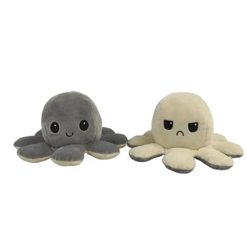 Double sided flip octopus plush toy with happy and angry faces, soft and cuddly emotion-expressing octopus stuffed animal.